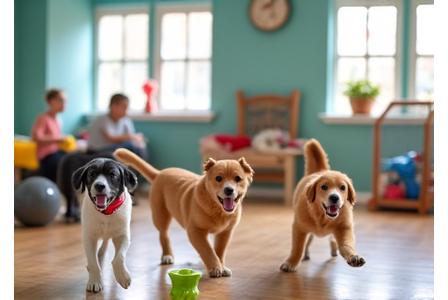 デイケアの広い遊び場で楽しむ子犬たち