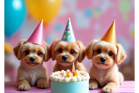 ペットの誕生日パーティーで楽しむ小型犬たち