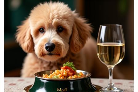 シェフが用意した特別な食事を食べる犬