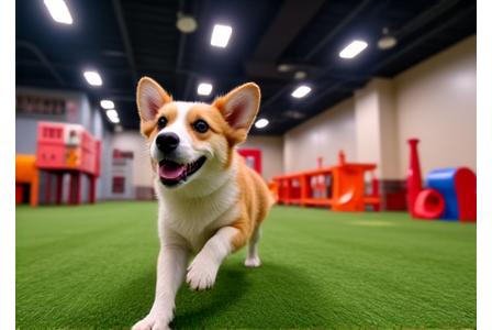 WanMansionの屋内ドッグパークで遊ぶ犬