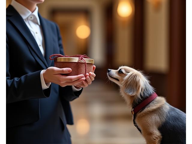 コンシェルジュがペットにおやつをあげている画像
