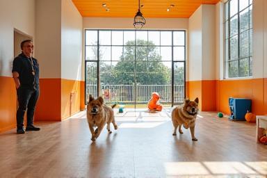 WanMansionの明るく広い室内プレイルームで犬たちが遊んでいる